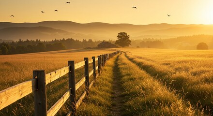 Obraz premium Golden Hour on the Farm Wooden Fence Path and Distant House