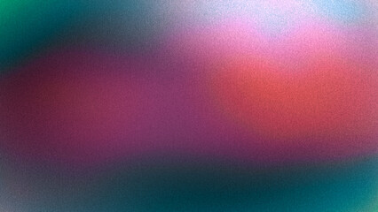 Vibrant multicolor abstract background with gradient in dark teal green, red, pink, light blue colors, grainy noise, and copy space. Blurred lights. Rough, old, vhs, grunge texture. Lo-fi retro design