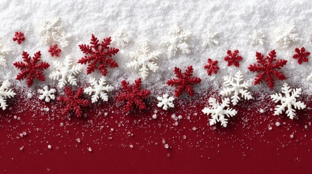 Falling white and red snowflakes for christmas against a snowy background, winter holidays decoration - Powered by Adobe