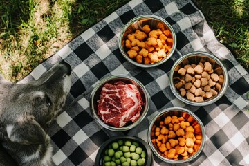 Dog with various types of food in bowls on picnic blanket outdoors