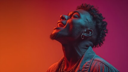 Singing African American man with microphone on bright background, in red and blue light, eyes closed, wearing hat