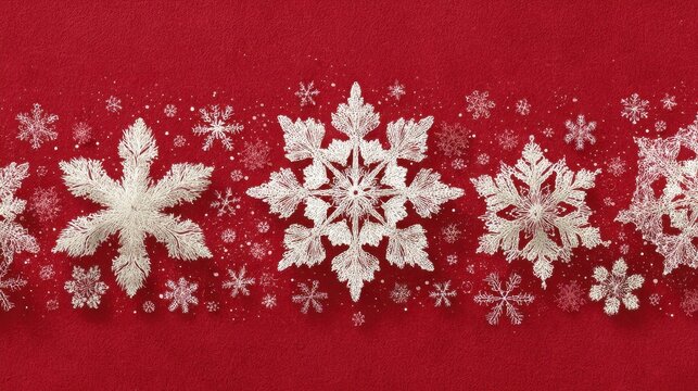 Falling white and red snowflakes for christmas against a snowy background, winter holidays decoration