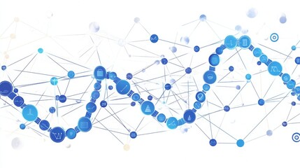 A glowing blue DNA strand made of digital points and icons floats in white space