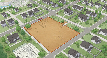 Aerial view of residential area with empty lot surrounded by houses and streets illustration style