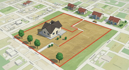Aerial view of house with large plot outlined in red on a map with other houses and street names