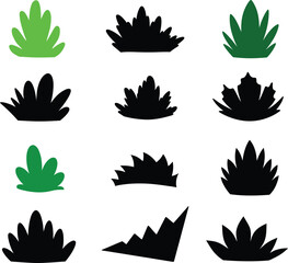 Vector and illustration of various stylized bush silhouettes and green plant icons, ideal for landscape design elements and natural graphics.