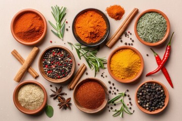 Top-Down View of Colorful Spices and Herbs on Rustic Background