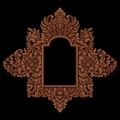 Balinese Carving with barong Face and Floral Ornaments frame vector