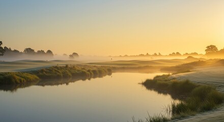 Obraz premium Golden Sunrise Mist over Serene Golf Course and Waterway