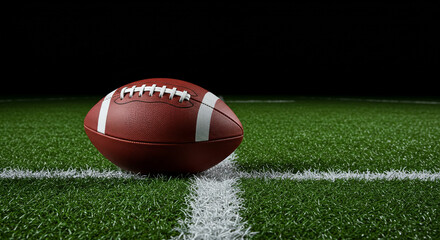 A close up of an american football on a green field with a white line in a dark background setting