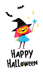 Cute Halloween Witch with Magic Wand and Bats. Happy Halloween Greeting Illustration