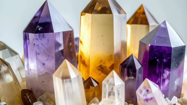 Display of assorted quartz crystal points in shades of purple, yellow, and clear, clustered together on a light grey background