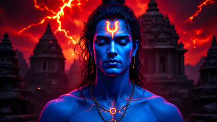 Enigmatic Blue Deity with Fiery Sky and Ancient Temples