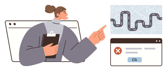 Woman holding clipboard points to a winding road map while addressing an error notification. Ideal for navigation, logistics, planning, troubleshooting, decision-making, technology, process