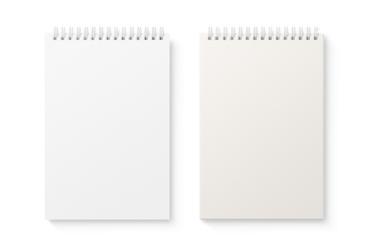 Spiral bound notebook mockup template with white paper cover isolated on a transparent background, PNG. High resolution.