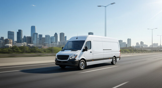 A white delivery van driving on a highway with a city skyline in the background on a sunny day time