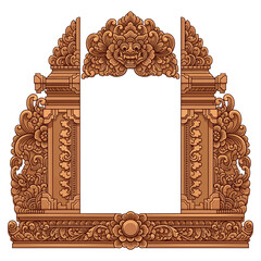 Balinese Carving with barong Face and Floral Ornaments frame vector