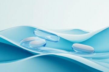 Transparent capsules on blue fluid surface with soft waves