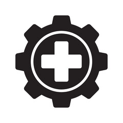 Obraz premium Healthcare management glyph icon with medical cross inside gear representing health system settings and process vector illustration vector solid glyph icon