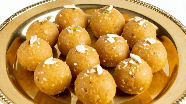 Golden plate presenting besan ladoo sweets, an Indian dessert decorated with slivered almonds, popular for Diwali and other celebrations.