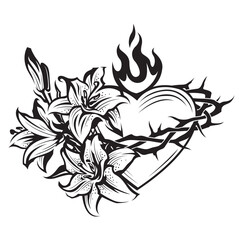 heart, crown of thorns, lily and flame isolated on white background