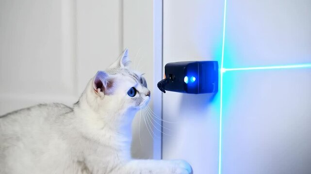 Silver tabby cat reaching for blue laser light emitted by a small black electronic toy attached to a white wall inside a house