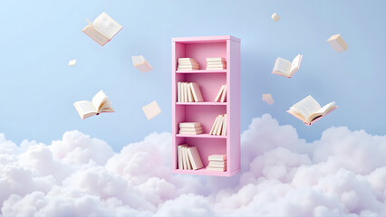 Enchanting Pink Bookshelf Floating Among Dreamy Clouds with Flying Books