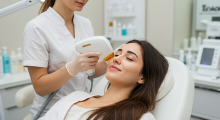 Woman receiving laser treatment on her face by a professional in a white coat in a medical setting area
