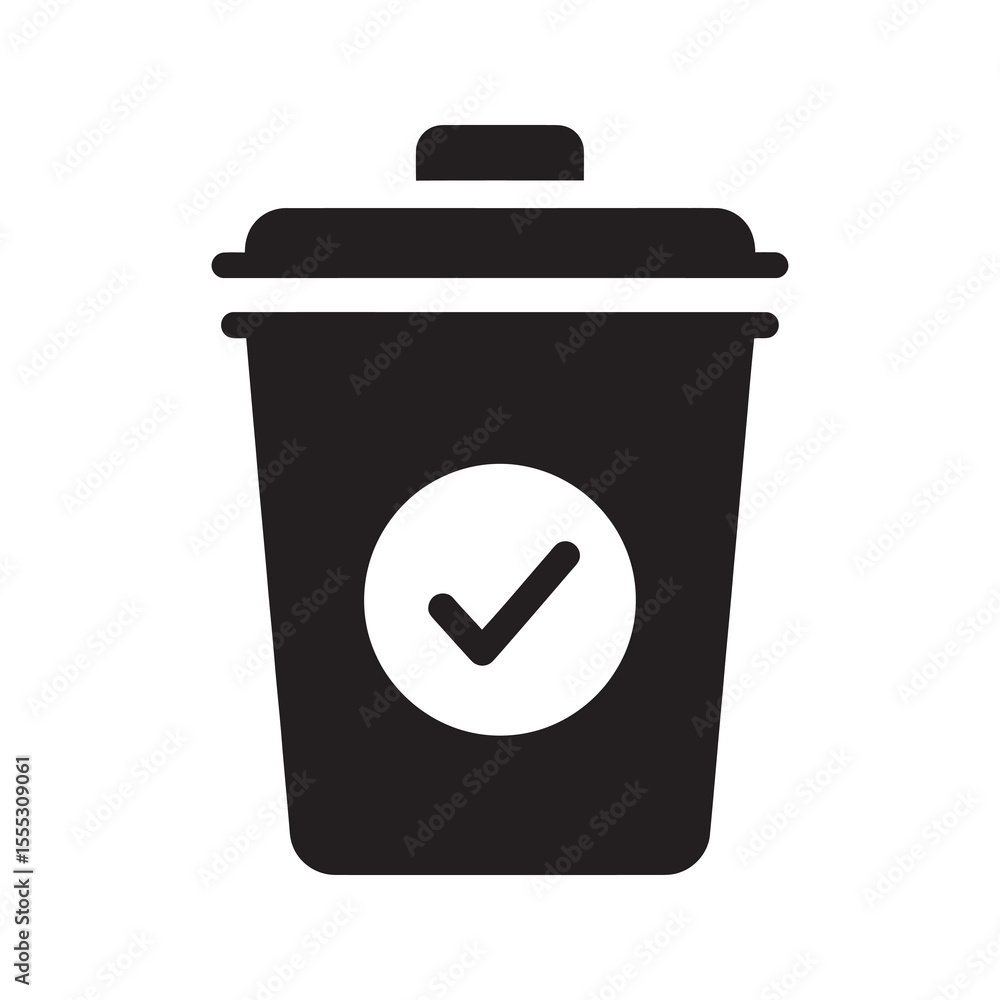 Poster proper waste disposal glyph icon showing trash can with checkmark for correct recycling and garbage 