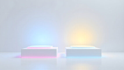 Two Modern Pedestals with Soft Neon Lighting Showcasing Products