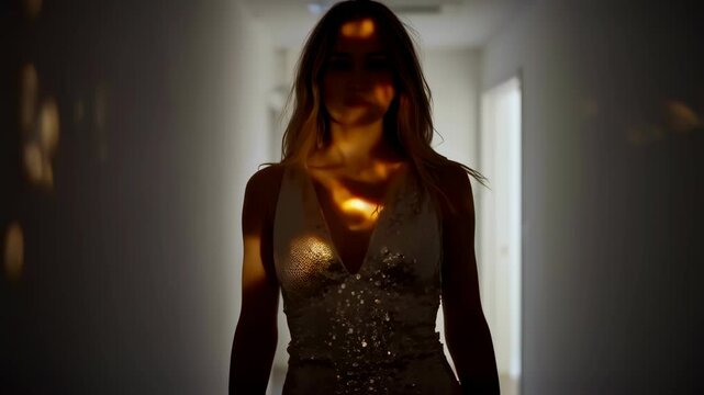 Mysterious silhouette walks through sunlit hallway with glittering dress