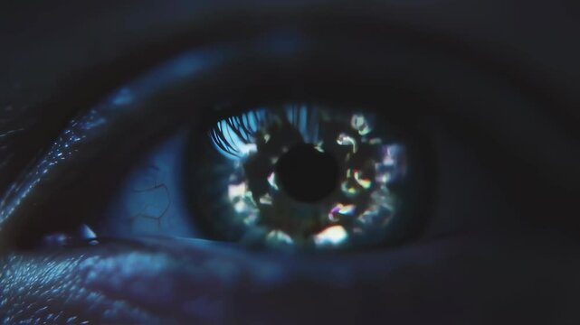 Dynamic reflections in a human eye capturing changing light patterns