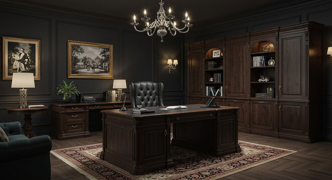 A luxurious dark wood office featuring a large desk, ornate chandelier, and built in shelving unit decor