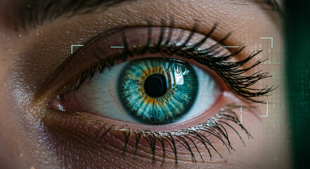 A close up of a human eye with a blue and yellow iris and digital interface overlay for scanning system