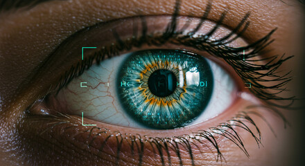 Close up of a human eye with digital overlay and scanning interface elements on the iris surface
