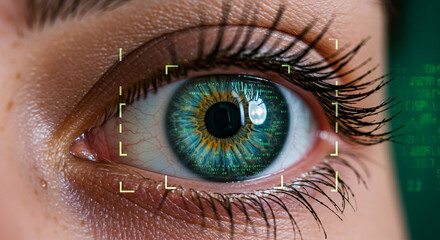 Close up of a human eye with teal and yellow iris and digital overlay for security identification scan