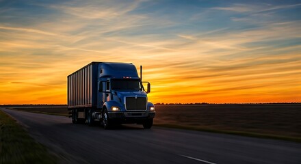 Blue semi-truck speeds down a highway at sunset, delivering goods across the country with efficiency and reliability.