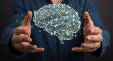 A person holding a digital brain with binary code floating around it in a dark background setting indoors