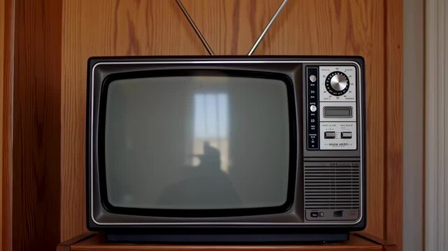 Old tv showing static signal gradually switching off in a retro living room