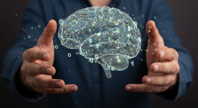 A person holding a digital brain with binary code floating around it in a dark background setting indoors - Powered by Adobe