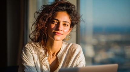 Portrait of a young Woman Working on Laptop at Home with City View in Sunlight
