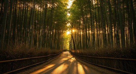 Obraz premium Golden Sunset Through a Tranquil Bamboo Forest Path