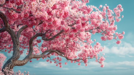Pink cherry blossoms bloom against a spring sky at peak season, creating a floral canopy with delicate petals falling and bright sunlight shining