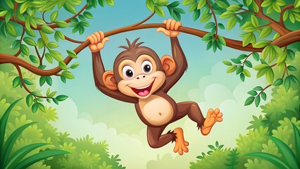 Cheerful Monkey Swinging from Tree Branches