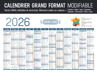 Calendrier Français 2026 modifiable, grand format France, éléments isolés sur calques, textes en Arial, éditables et vectorisés.