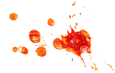 Red ketchup splashes flying isolated on white background, tomato pure texture