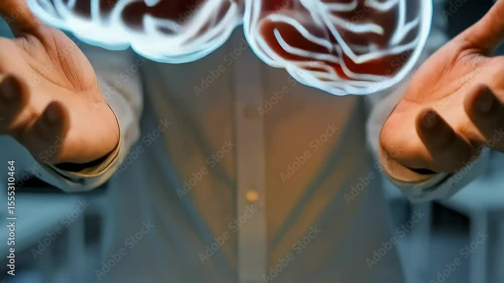 Poster man holds glowing brain hologram representing artificial intelligence, innovative technology and the