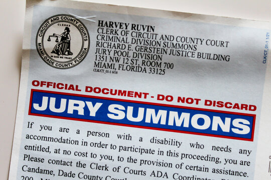 Official jury duty summons from the Miami-Dade County Clerk of Circuit and County Court in Florida. Taken June 2021 in Miami, Florida.

