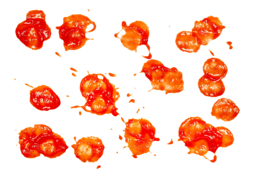 Red ketchup splashes flying isolated on white background, tomato pure texture