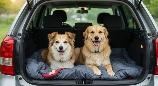 Two happy dogs sitting in the back of a silver car on a gray blanket looking at the camera smiling nicely